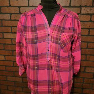 Coolwear Size L. 3/4 sleeve  with button tabs.  Bright pink plaid design.  Sheer